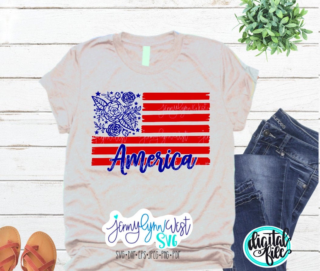 America Fourth of July 4th of Floral Flag USA SVG DXF PNG