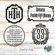 Load image into Gallery viewer, Welcome Foolish Mortal Plaques Club 33 Hollywood Terror Hotel Signs SVG DXF PNG
