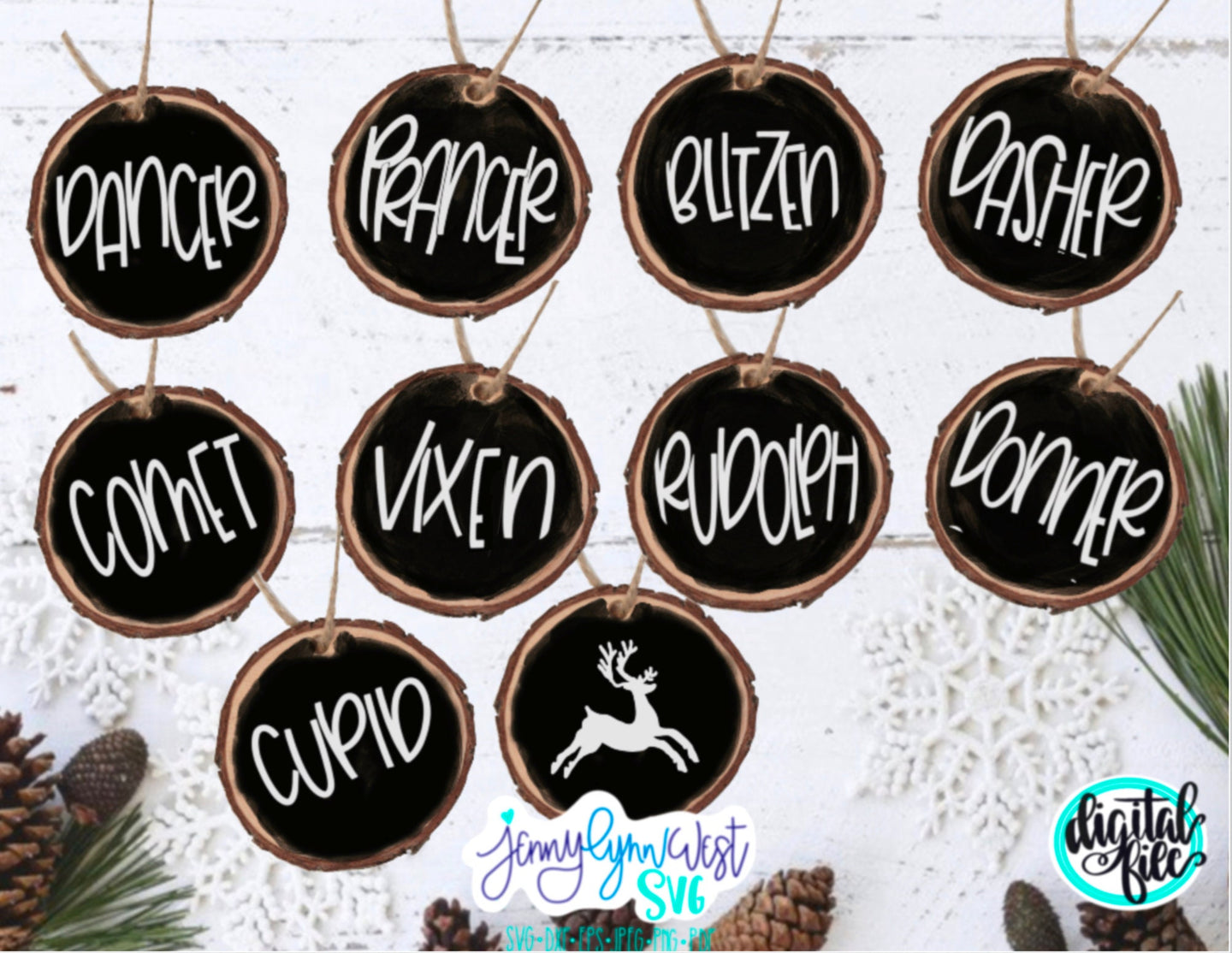 Christmas Bundle Reindeer Names Round Size Ornaments SVG PNG DXF