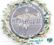 Load image into Gallery viewer, Nativity Christmas Round Sign SVG Oh Come Let Us Adore Him Circle PNG Sign Bethlehem Line Art Circle Sign PNG Digital Download Cut files
