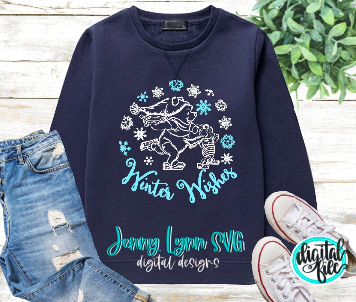 Christmas SVG Winter Wishes Winnie the Pooh Piglet Skating SVG PNG Dxf Silhouette Cricut Cut File Design Iron On Png Sublimation Holiday