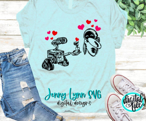 Evie and WALL·E SVG Valentines Love svg Valentine png Designs Print or Cut File Valentines WALL·E Cricut Silhouette Heat Press png